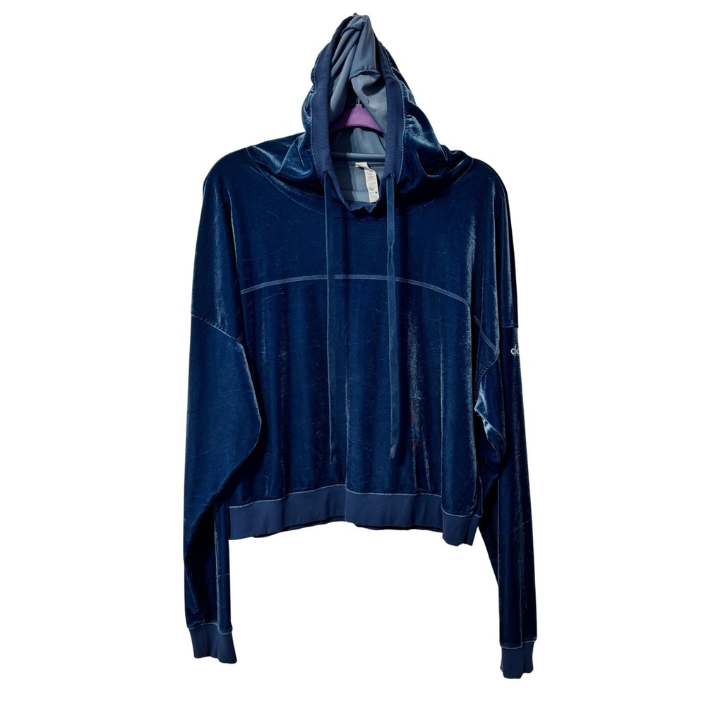 Alo Yoga‎ Women Blue Velvet Cropped Hoodie Velour Oversized Sweatshirt Large - Picture 2 of 7